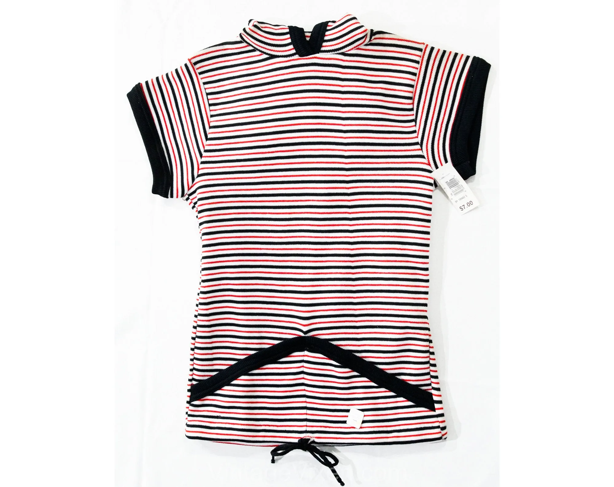 Small Striped Shirt with Hood - 1970s Short Sleeve Hooded Top - Navy Blue Red & White - Ladies 2 to 6 - Teen Girls 14 16 - NWT 70s Deadstock