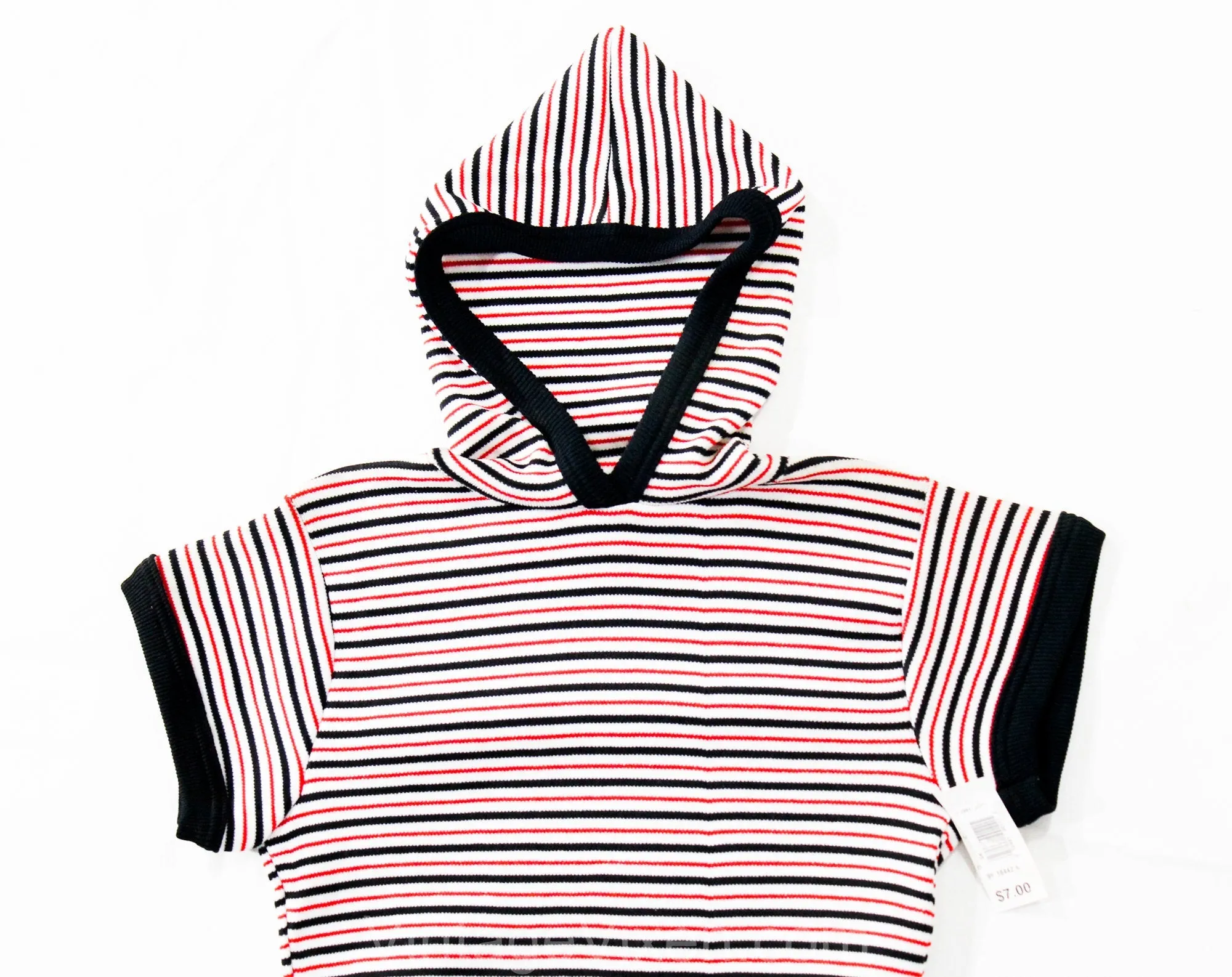 Small Striped Shirt with Hood - 1970s Short Sleeve Hooded Top - Navy Blue Red & White - Ladies 2 to 6 - Teen Girls 14 16 - NWT 70s Deadstock