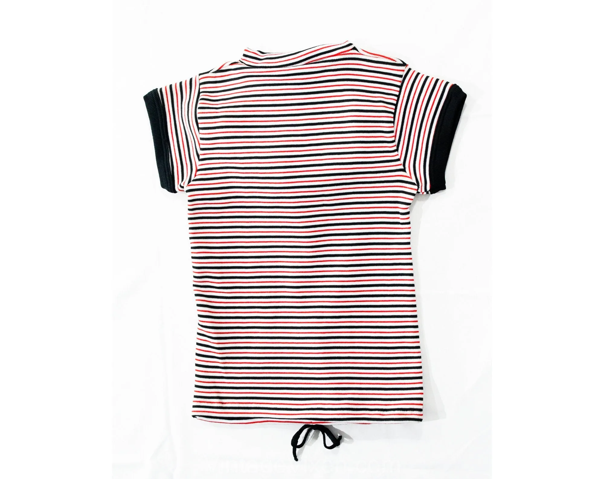 Small Striped Shirt with Hood - 1970s Short Sleeve Hooded Top - Navy Blue Red & White - Ladies 2 to 6 - Teen Girls 14 16 - NWT 70s Deadstock