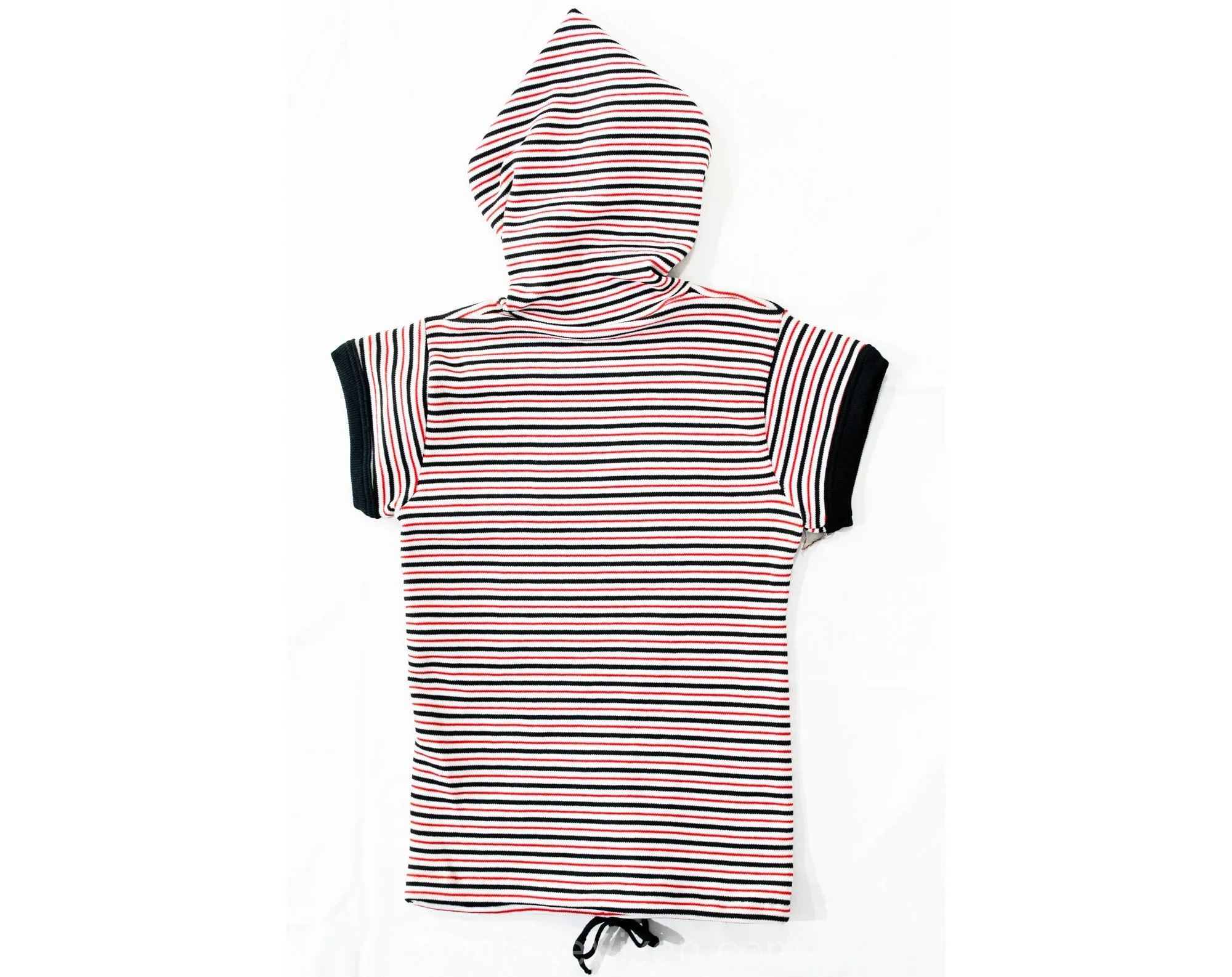 Small Striped Shirt with Hood - 1970s Short Sleeve Hooded Top - Navy Blue Red & White - Ladies 2 to 6 - Teen Girls 14 16 - NWT 70s Deadstock