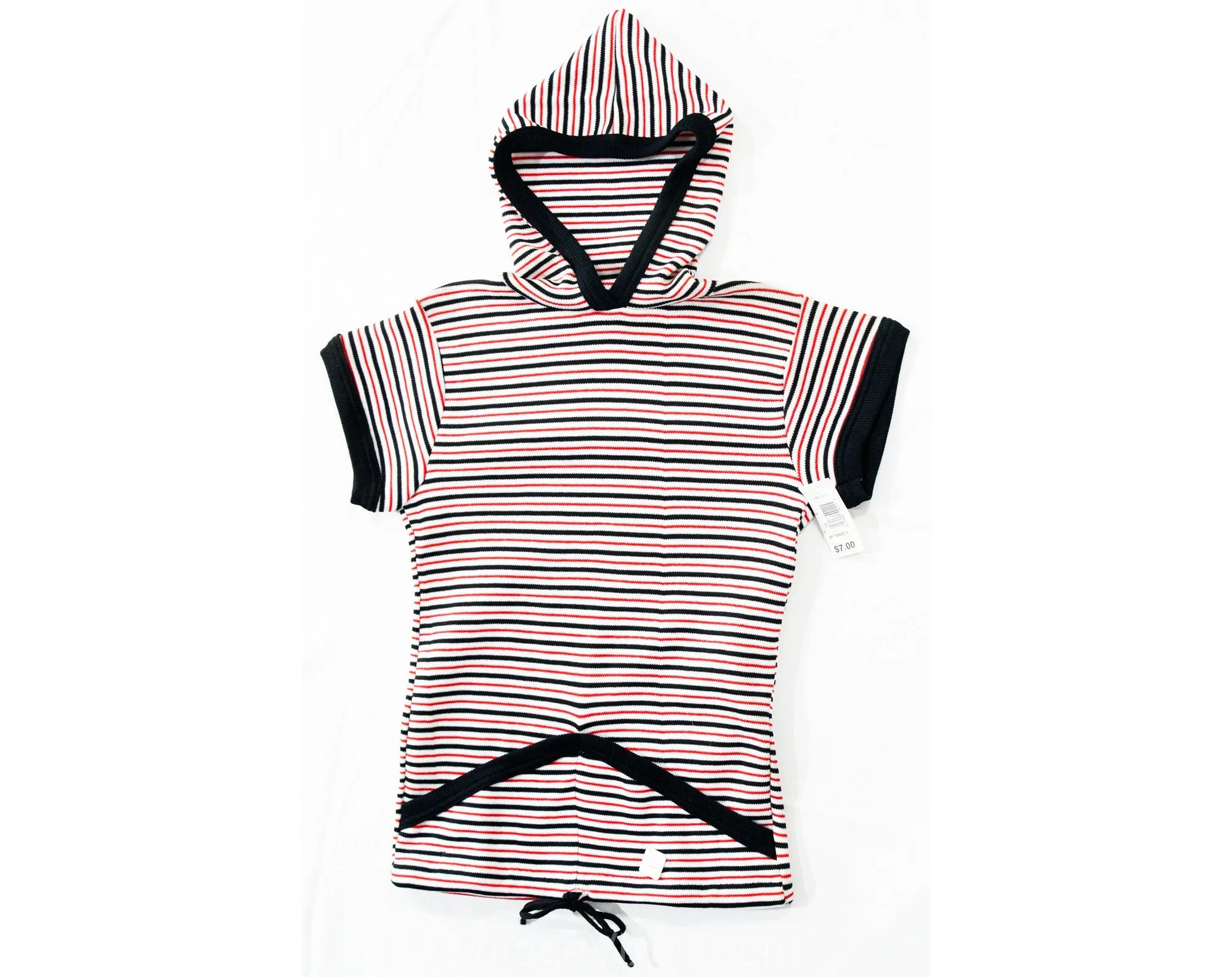 Small Striped Shirt with Hood - 1970s Short Sleeve Hooded Top - Navy Blue Red & White - Ladies 2 to 6 - Teen Girls 14 16 - NWT 70s Deadstock