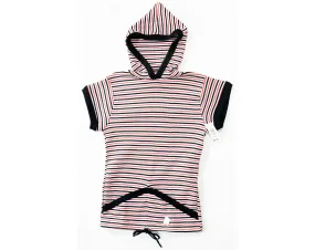 Small Striped Shirt with Hood - 1970s Short Sleeve Hooded Top - Navy Blue Red & White - Ladies 2 to 6 - Teen Girls 14 16 - NWT 70s Deadstock