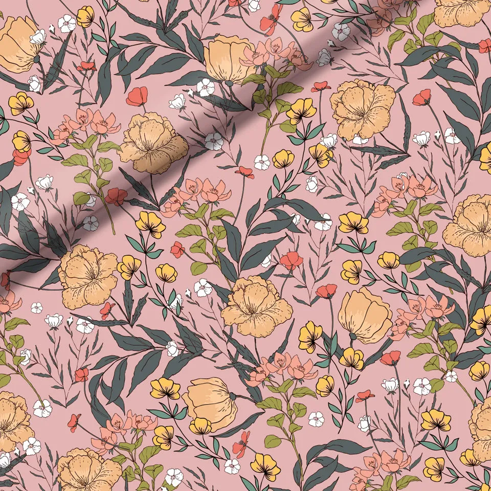 Summer Flowers Peachskin Pink French Terry Fabric by See You At Six, Oeko Tex Class 1 Certified