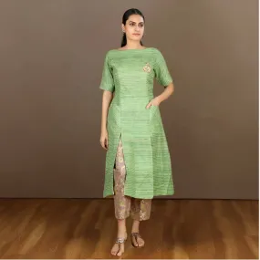 Tussar Ghicha Checkered Kurta Pant Set | Embroidered | Effortless Style