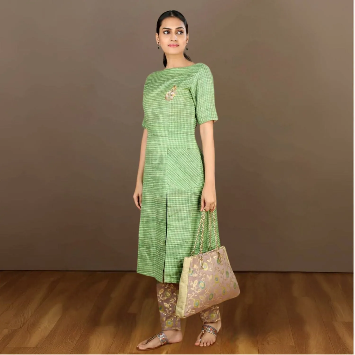 Tussar Ghicha Checkered Kurta Pant Set | Embroidered | Effortless Style