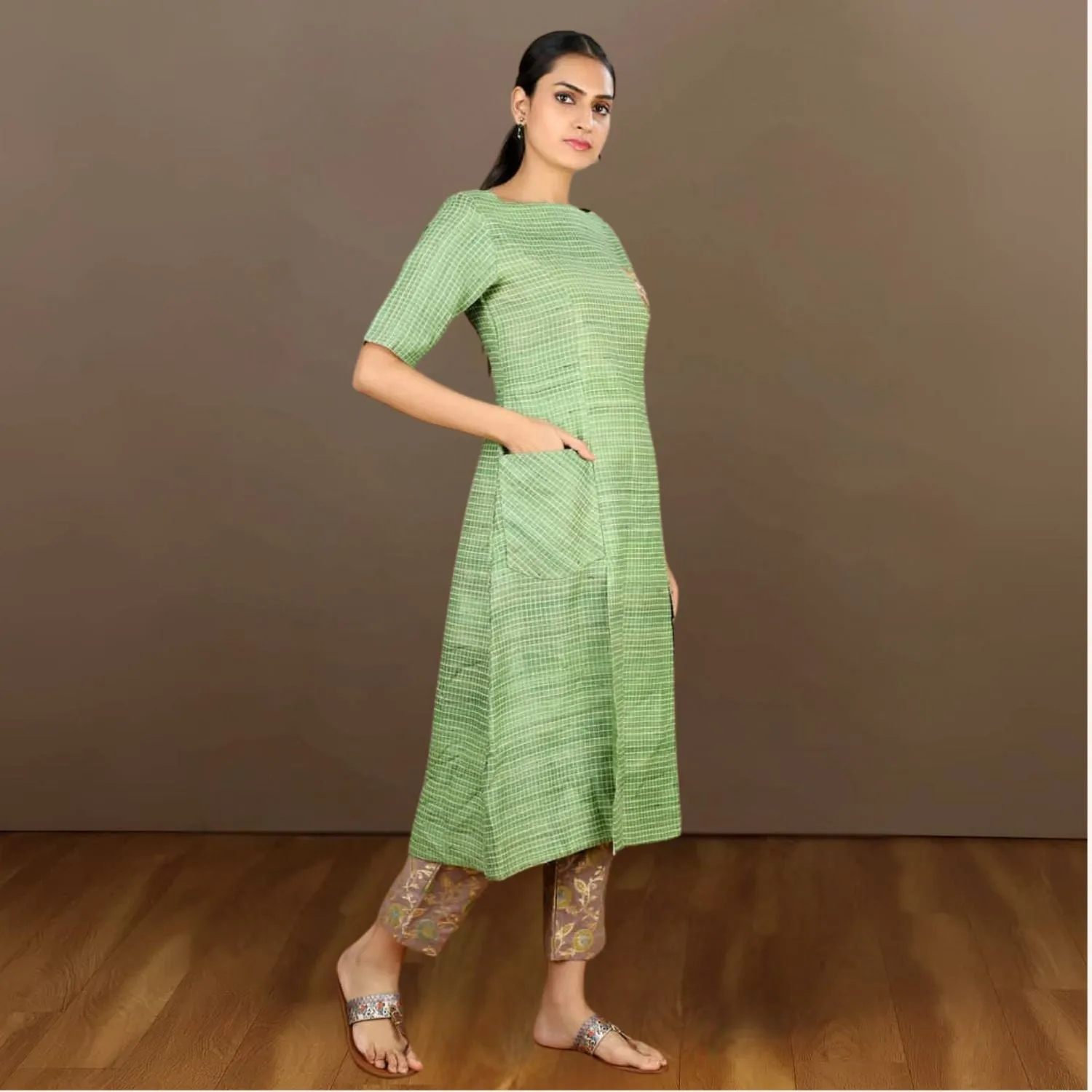 Tussar Ghicha Checkered Kurta Pant Set | Embroidered | Effortless Style