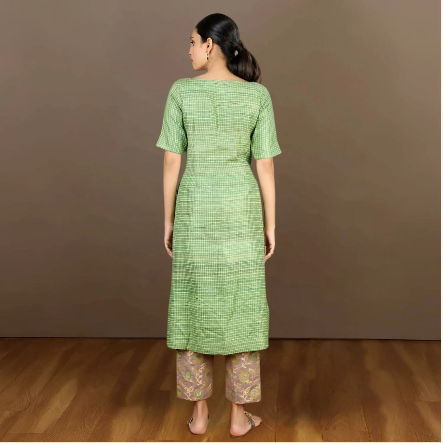 Tussar Ghicha Checkered Kurta Pant Set | Embroidered | Effortless Style