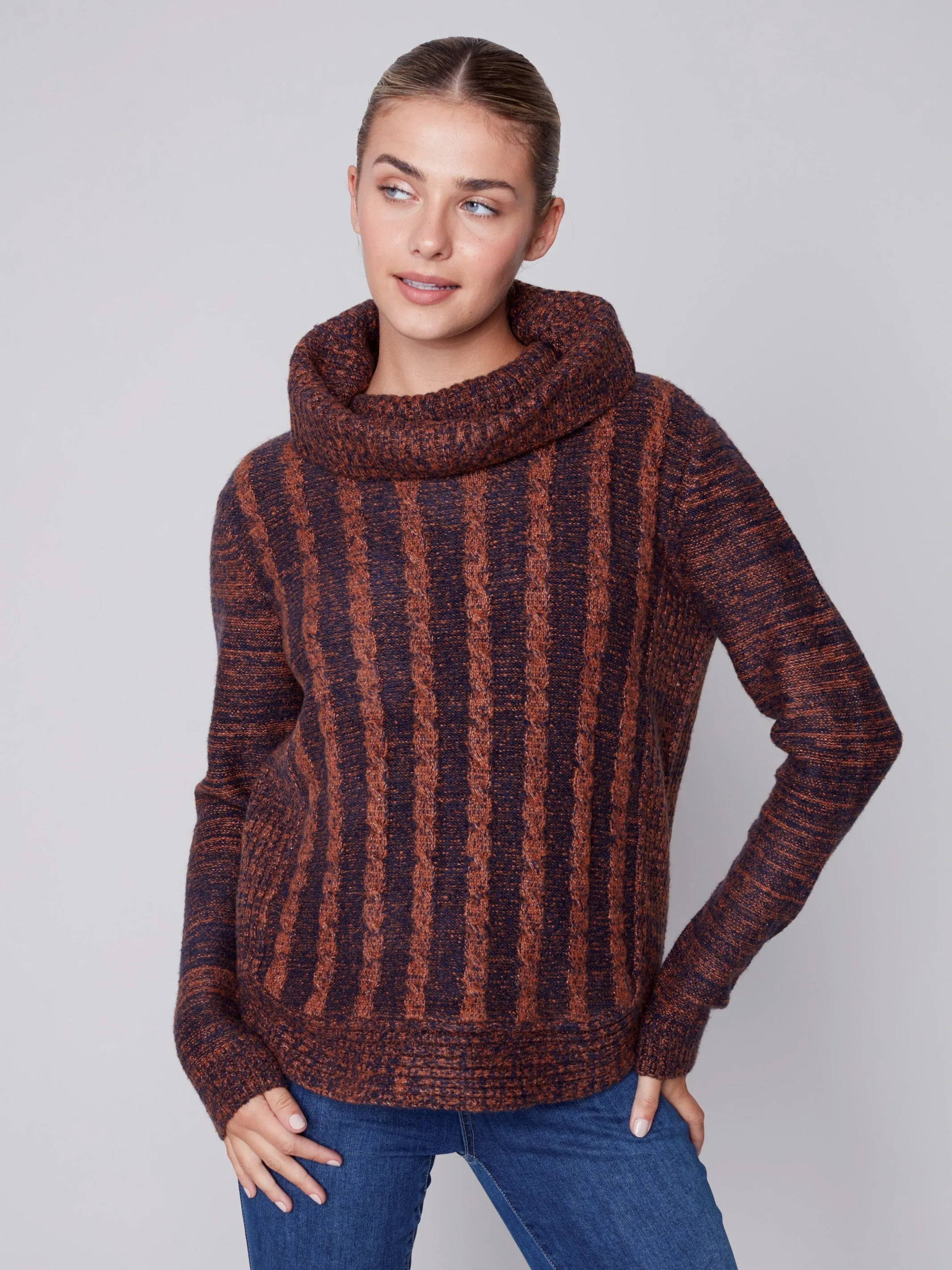Two-Toned Cable Knit Cowl Neck Sweater - Cinnamon