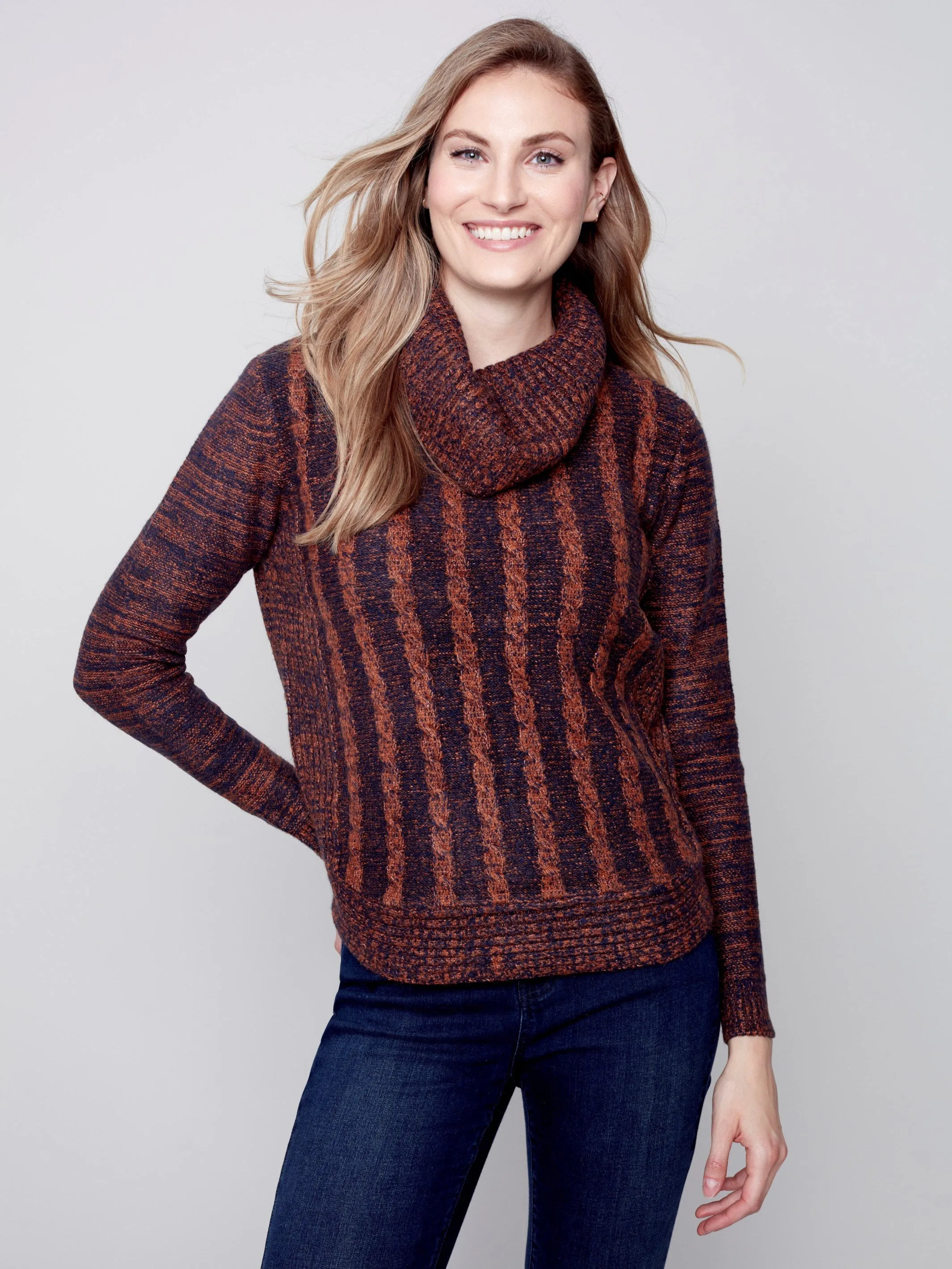 Two-Toned Cable Knit Cowl Neck Sweater - Cinnamon