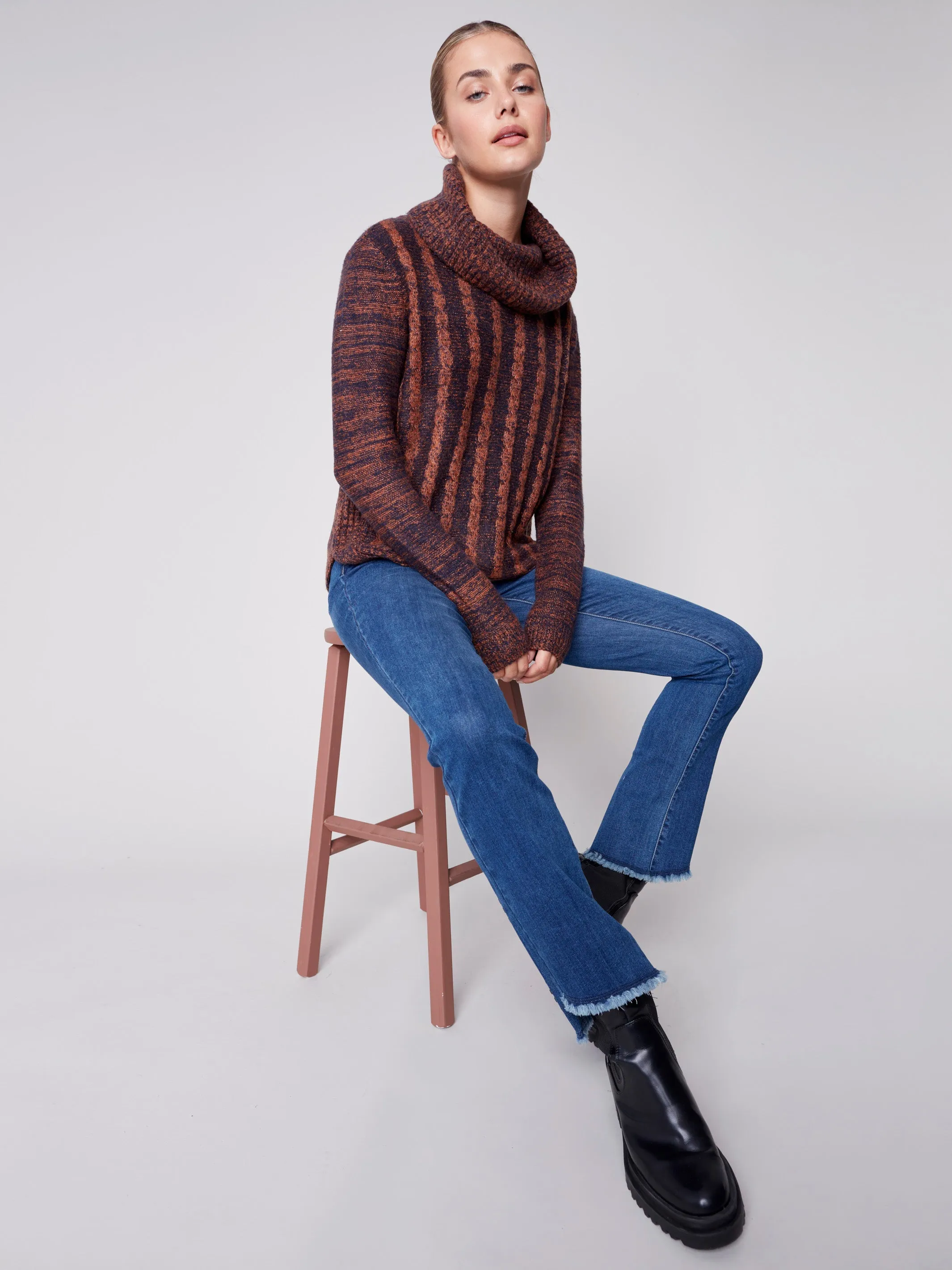 Two-Toned Cable Knit Cowl Neck Sweater - Cinnamon