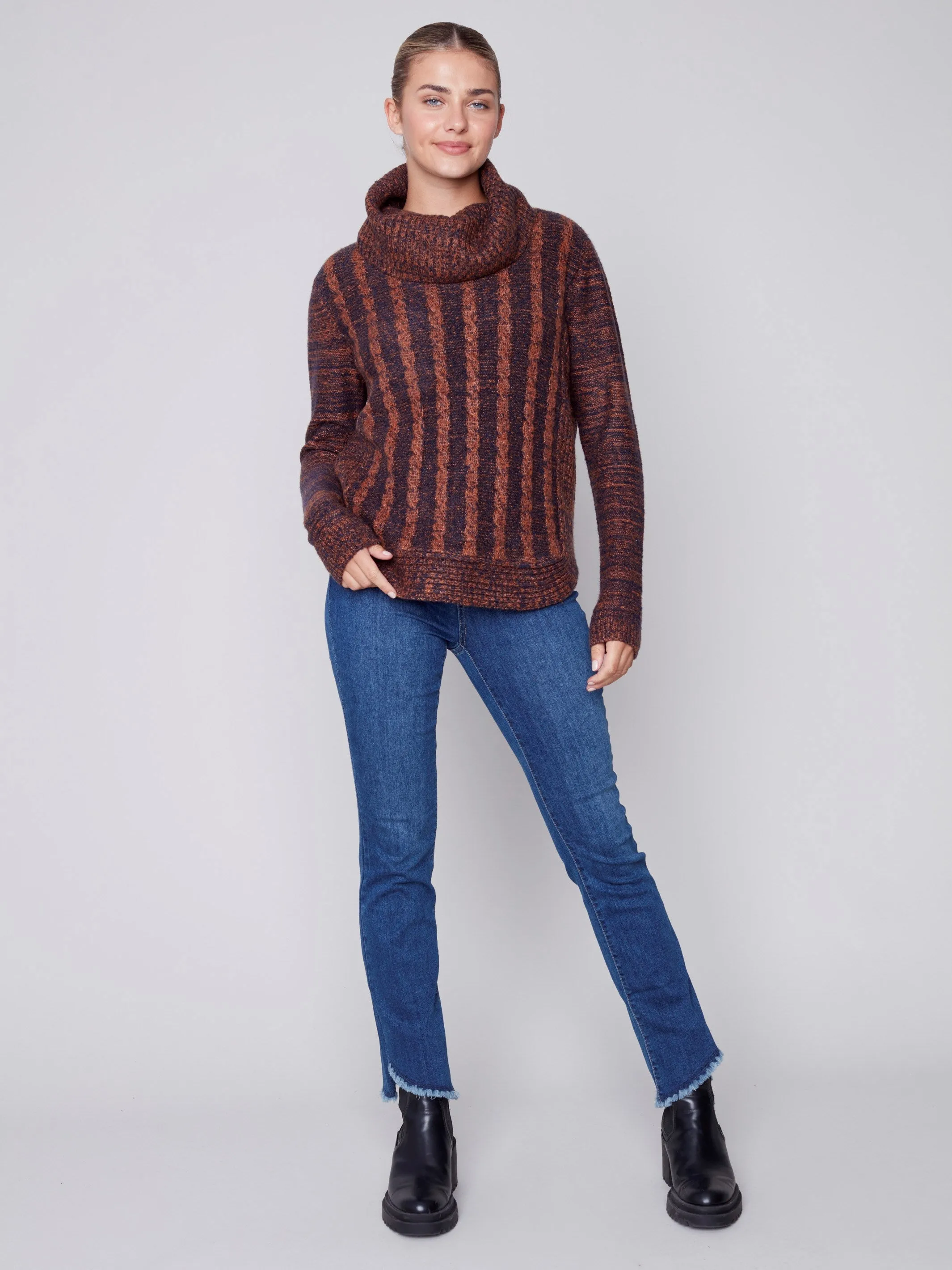 Two-Toned Cable Knit Cowl Neck Sweater - Cinnamon