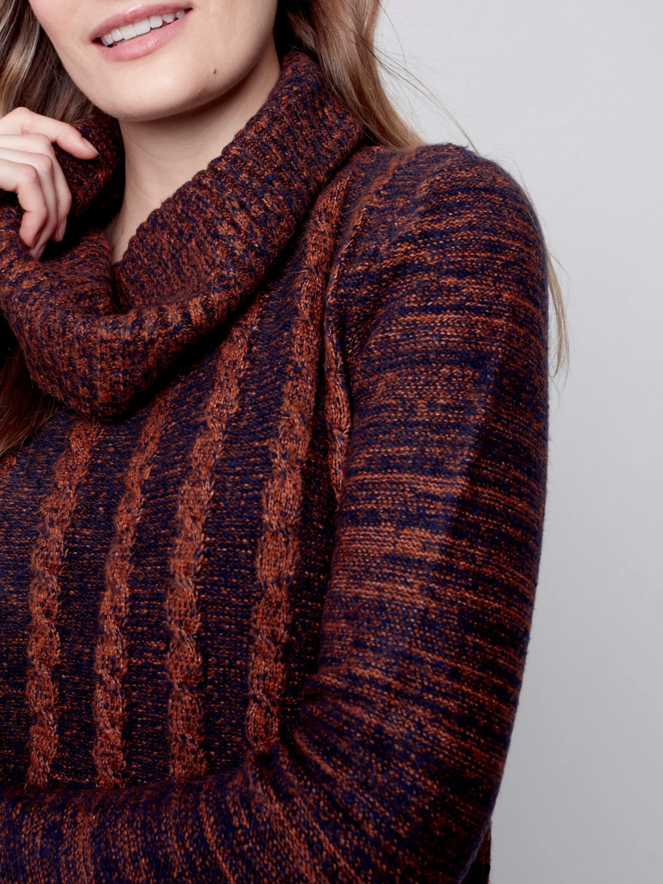 Two-Toned Cable Knit Cowl Neck Sweater - Cinnamon