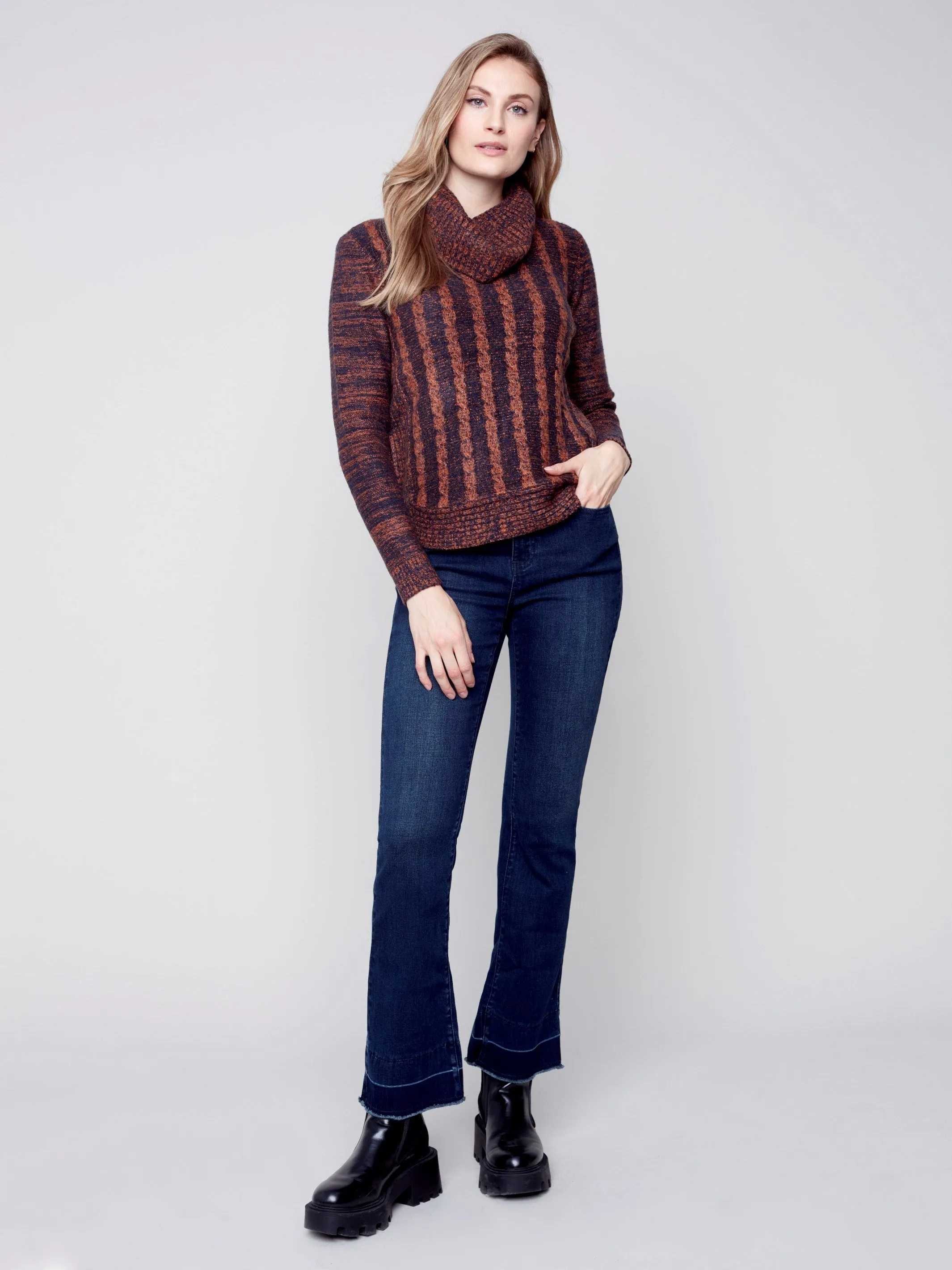 Two-Toned Cable Knit Cowl Neck Sweater - Cinnamon