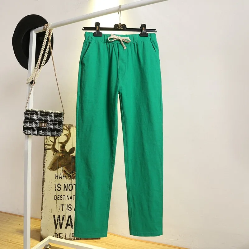 Womens Spring Summer Harem Pants Cotton Linen Solid Elastic waist Candy Colors Harem Trousers Soft high