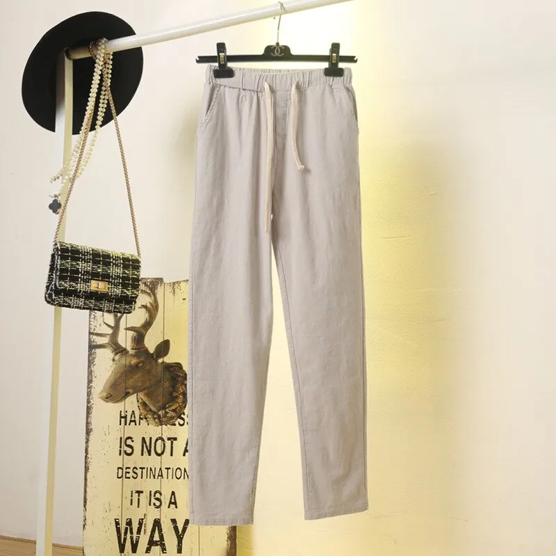 Womens Spring Summer Harem Pants Cotton Linen Solid Elastic waist Candy Colors Harem Trousers Soft high