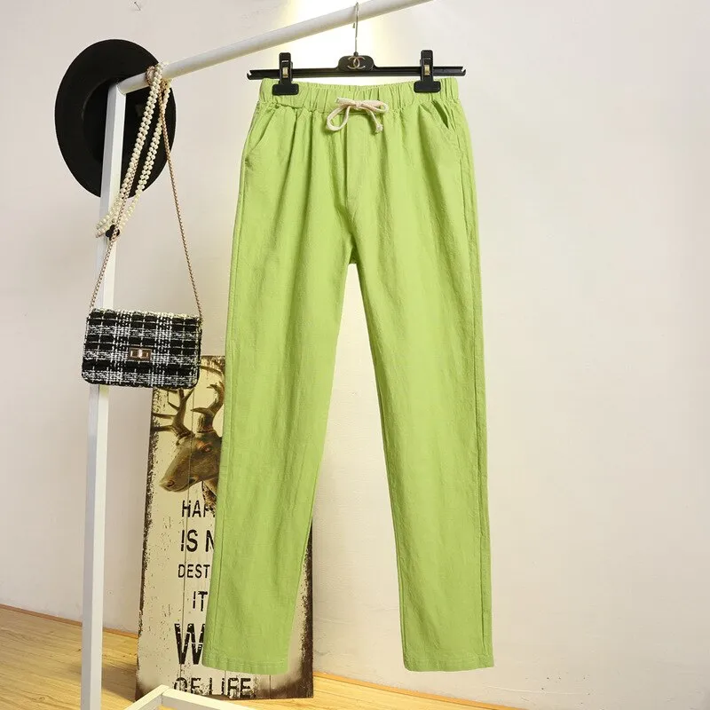Womens Spring Summer Harem Pants Cotton Linen Solid Elastic waist Candy Colors Harem Trousers Soft high