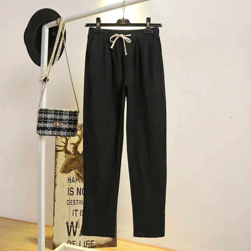 Womens Spring Summer Harem Pants Cotton Linen Solid Elastic waist Candy Colors Harem Trousers Soft high