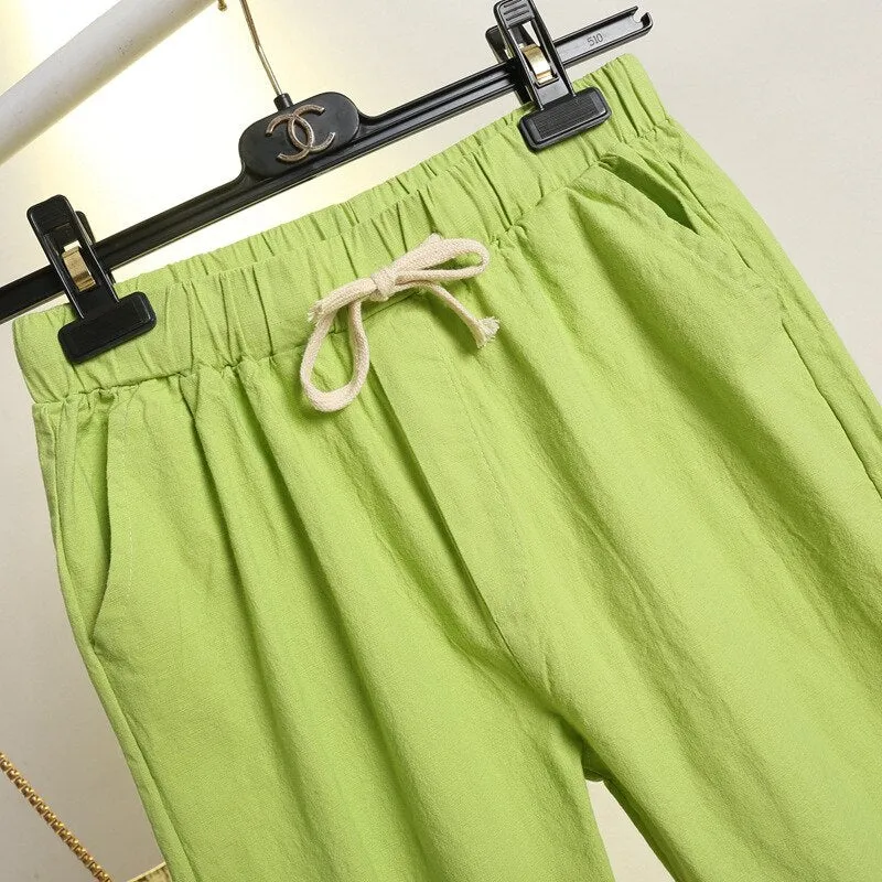 Womens Spring Summer Harem Pants Cotton Linen Solid Elastic waist Candy Colors Harem Trousers Soft high