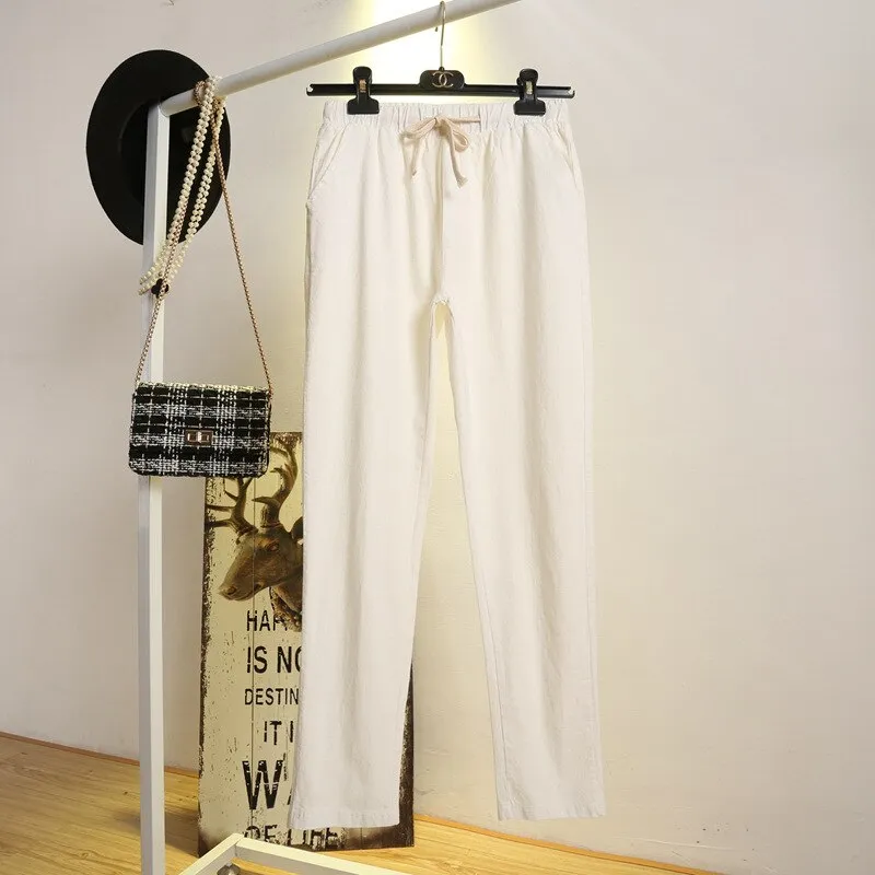Womens Spring Summer Harem Pants Cotton Linen Solid Elastic waist Candy Colors Harem Trousers Soft high