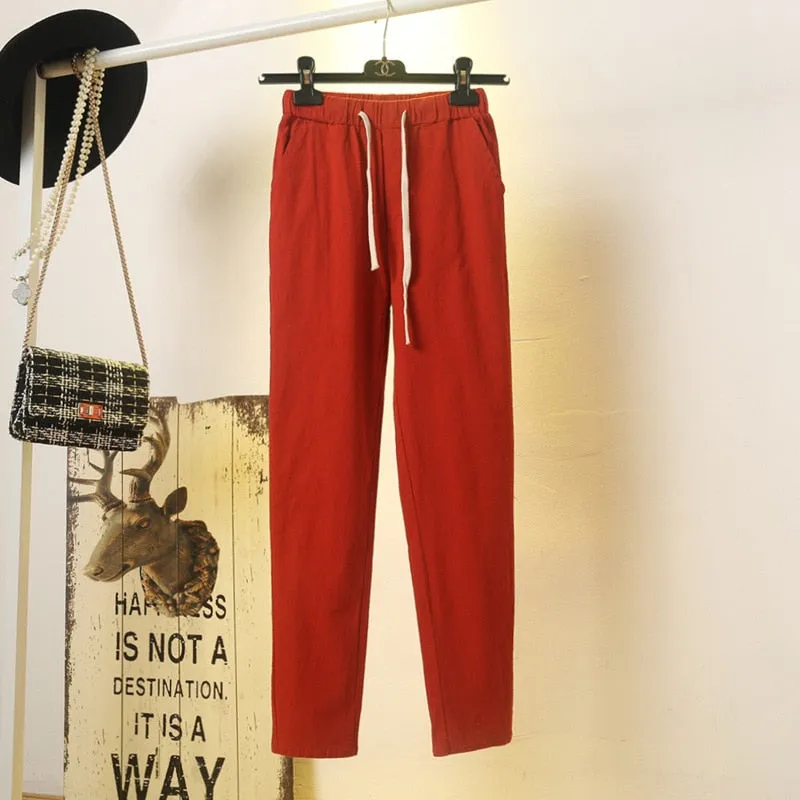 Womens Spring Summer Harem Pants Cotton Linen Solid Elastic waist Candy Colors Harem Trousers Soft high