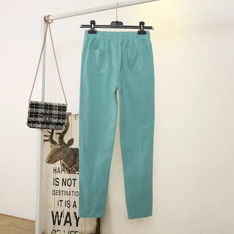 Womens Spring Summer Harem Pants Cotton Linen Solid Elastic waist Candy Colors Harem Trousers Soft high