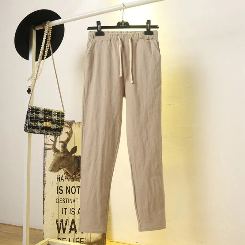 Womens Spring Summer Harem Pants Cotton Linen Solid Elastic waist Candy Colors Harem Trousers Soft high