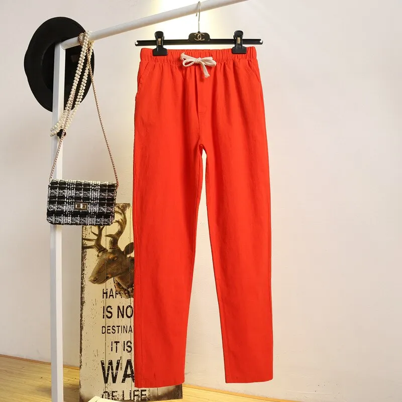 Womens Spring Summer Harem Pants Cotton Linen Solid Elastic waist Candy Colors Harem Trousers Soft high