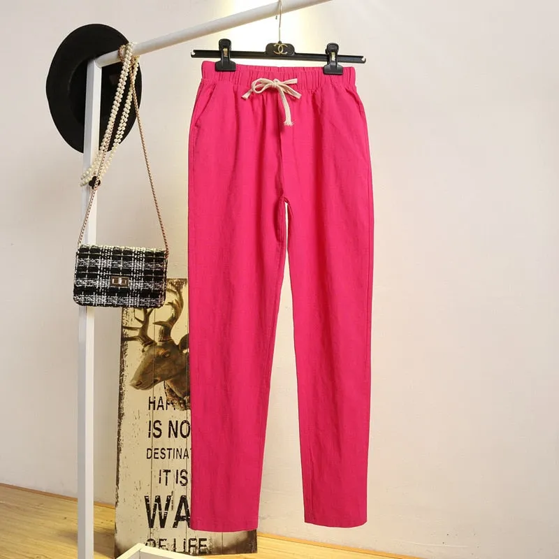 Womens Spring Summer Harem Pants Cotton Linen Solid Elastic waist Candy Colors Harem Trousers Soft high