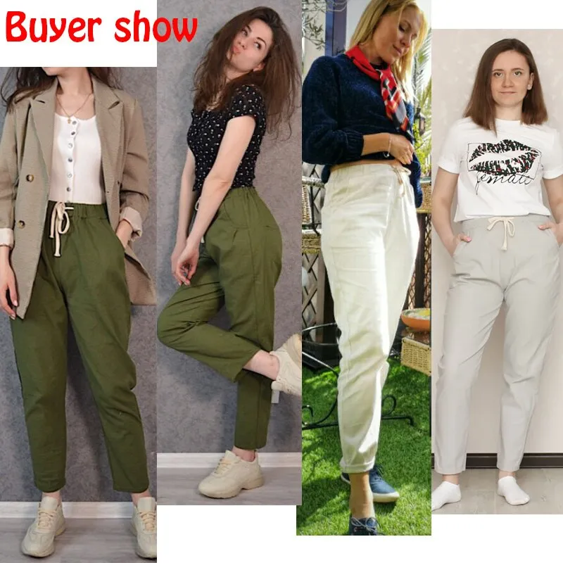 Womens Spring Summer Harem Pants Cotton Linen Solid Elastic waist Candy Colors Harem Trousers Soft high