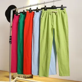 Womens Spring Summer Harem Pants Cotton Linen Solid Elastic waist Candy Colors Harem Trousers Soft high