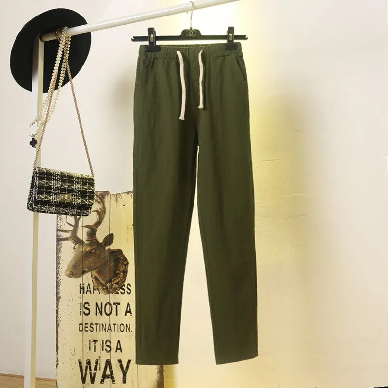 Womens Spring Summer Harem Pants Cotton Linen Solid Elastic waist Candy Colors Harem Trousers Soft high