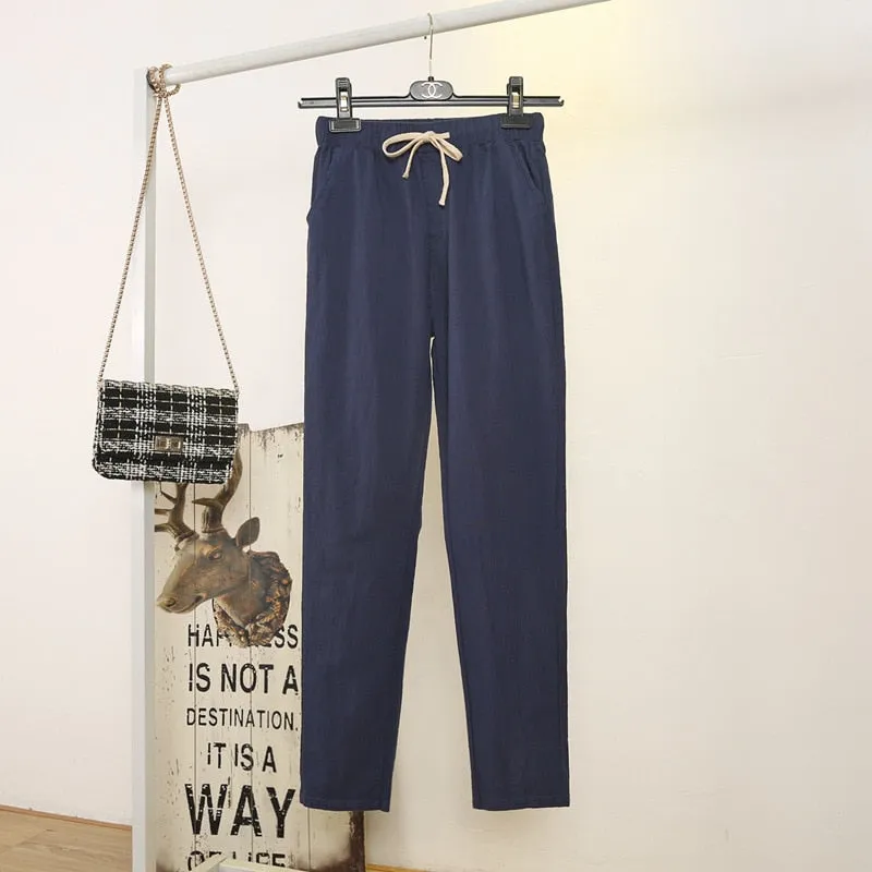 Womens Spring Summer Harem Pants Cotton Linen Solid Elastic waist Candy Colors Harem Trousers Soft high