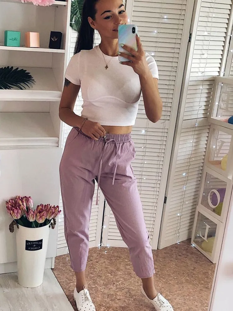 Womens Spring Summer Pants Cotton Linen Solid Elastic waist Candy Colors Harem Trousers Soft high
