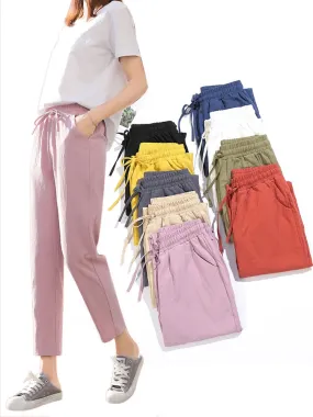Womens Spring Summer Pants Cotton Linen Solid Elastic waist Candy Colors Harem Trousers Soft high
