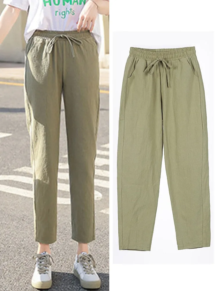 Womens Spring Summer Pants Cotton Linen Solid Elastic waist Candy Colors Harem Trousers Soft high