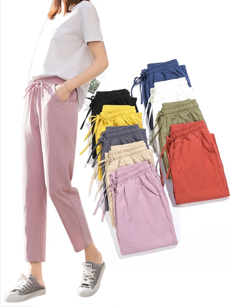 Womens Spring Summer Pants Cotton Linen Solid Elastic waist Candy Colors Harem Trousers Soft high