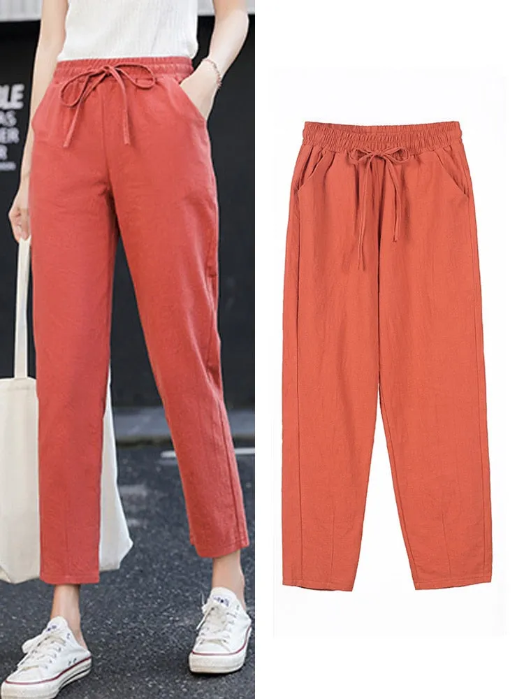 Womens Spring Summer Pants Cotton Linen Solid Elastic waist Candy Colors Harem Trousers Soft high