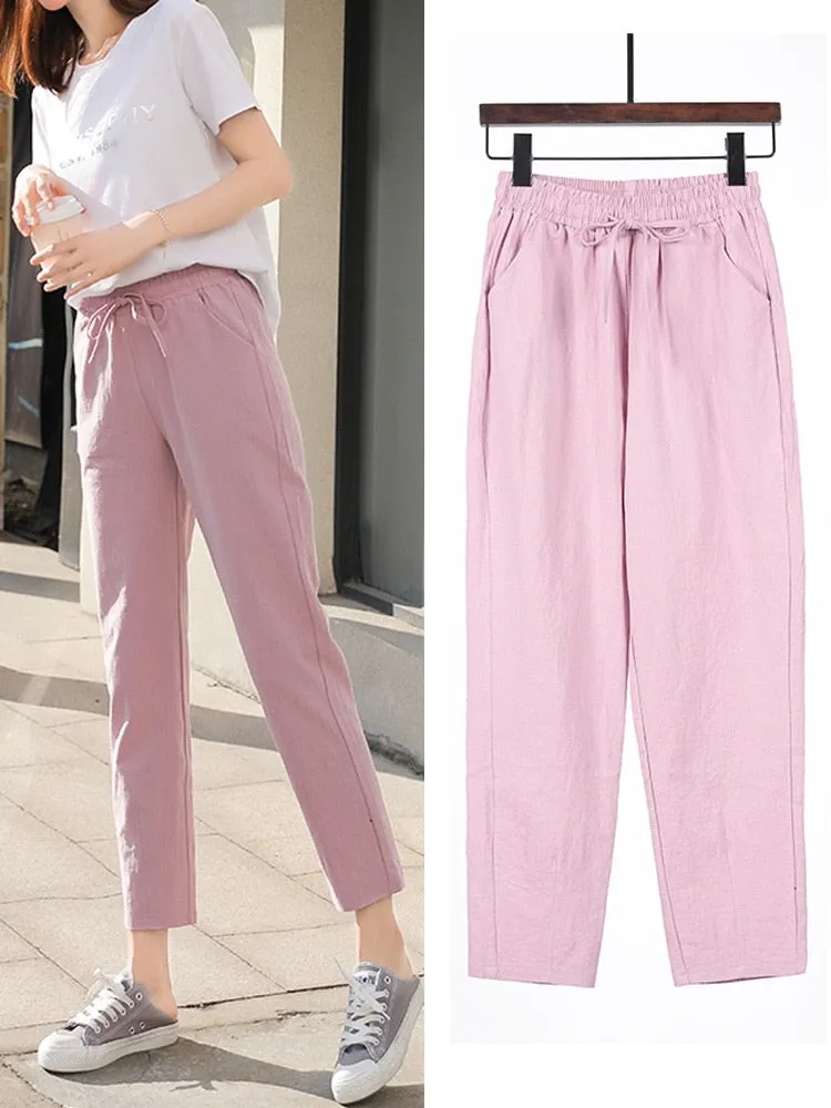Womens Spring Summer Pants Cotton Linen Solid Elastic waist Candy Colors Harem Trousers Soft high