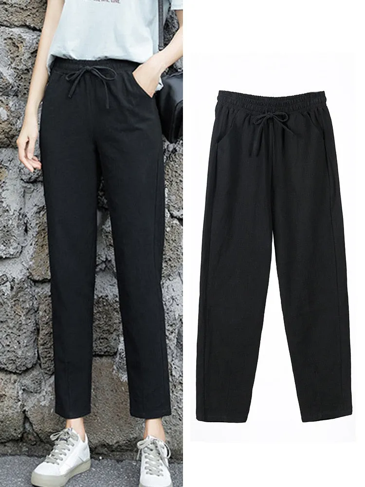 Womens Spring Summer Pants Cotton Linen Solid Elastic waist Candy Colors Harem Trousers Soft high