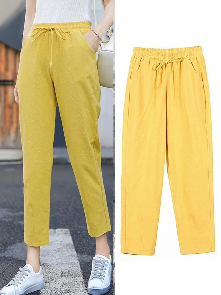Womens Spring Summer Pants Cotton Linen Solid Elastic waist Candy Colors Harem Trousers Soft high