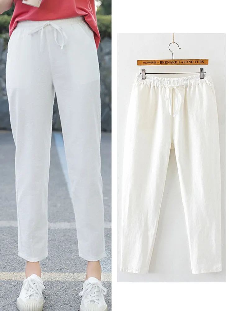 Womens Spring Summer Pants Cotton Linen Solid Elastic waist Candy Colors Harem Trousers Soft high