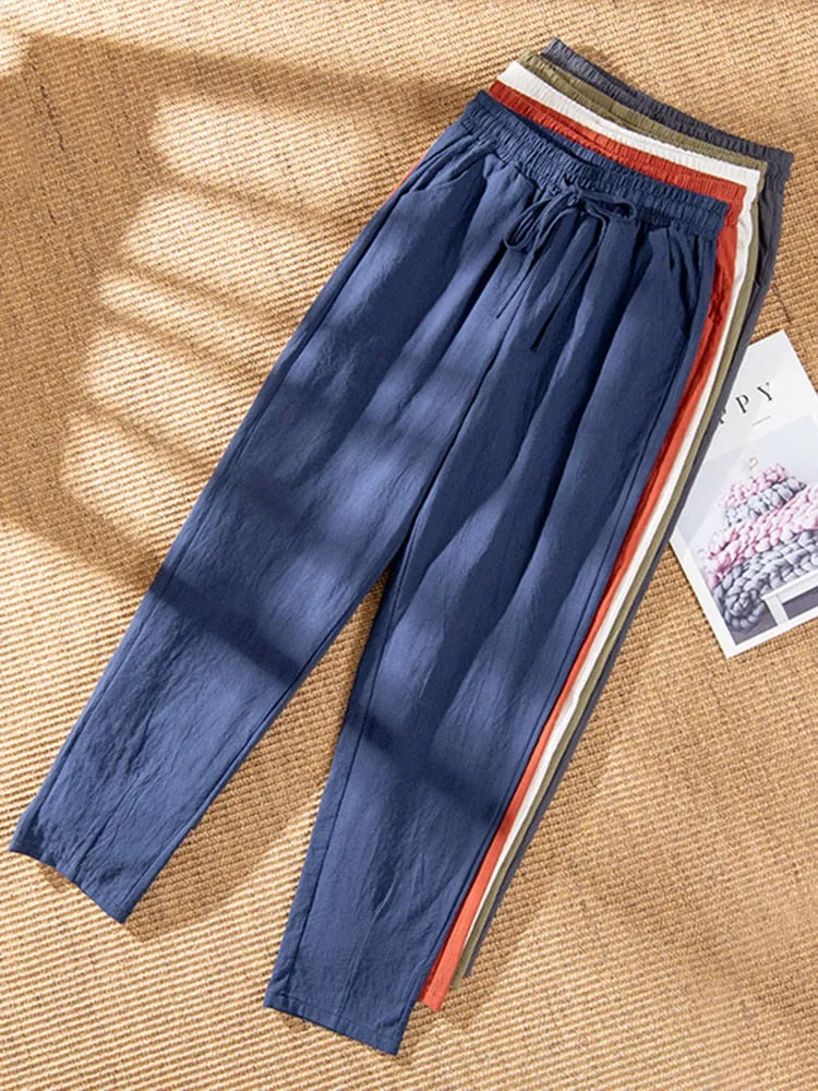 Womens Spring Summer Pants Cotton Linen Solid Elastic waist Candy Colors Harem Trousers Soft high