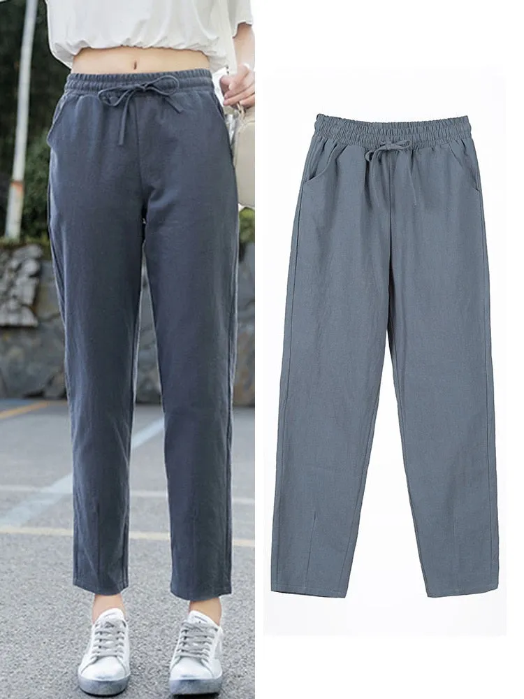 Womens Spring Summer Pants Cotton Linen Solid Elastic waist Candy Colors Harem Trousers Soft high