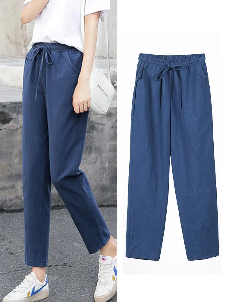 Womens Spring Summer Pants Cotton Linen Solid Elastic waist Candy Colors Harem Trousers Soft high