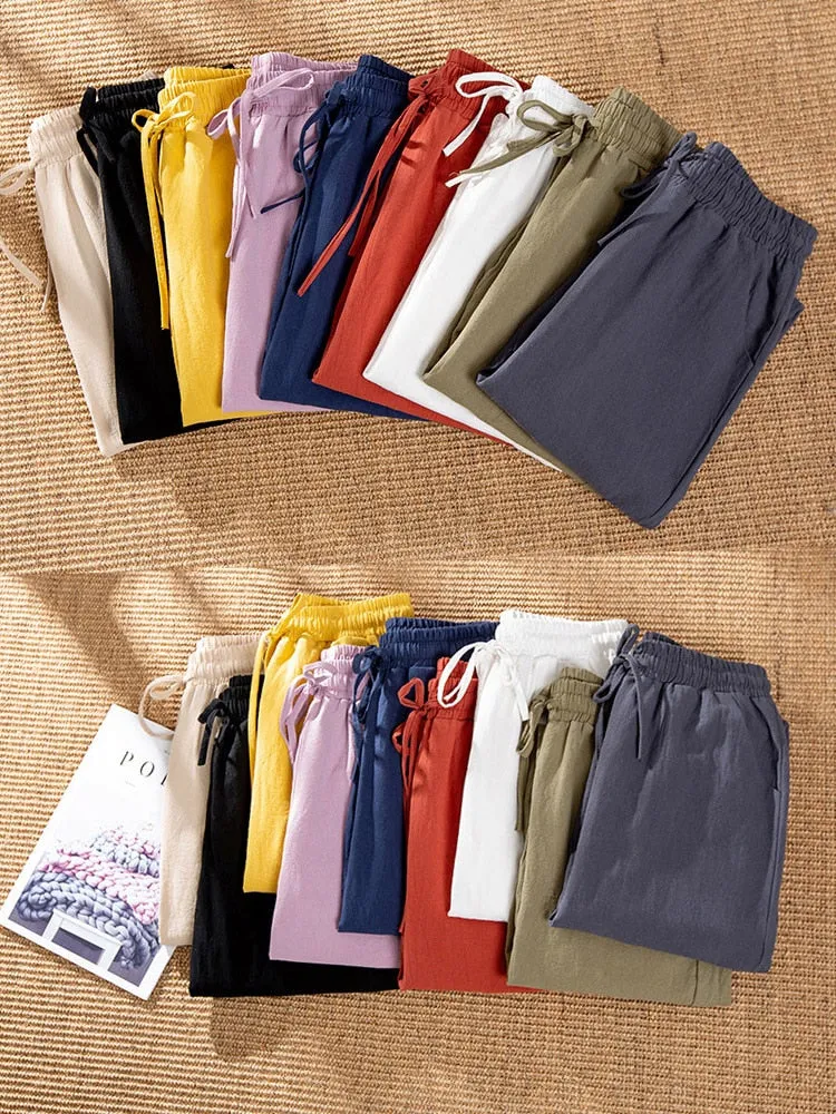 Womens Spring Summer Pants Cotton Linen Solid Elastic waist Candy Colors Harem Trousers Soft high